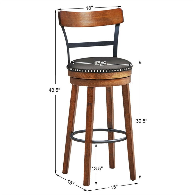 Bar Stools Set of 2, 30.5" Swivel Stools Counter Height Dining Chairs with Leather Padded Seat, Ladder Back, Solid Rubber Wood Legs for Kitchen Island