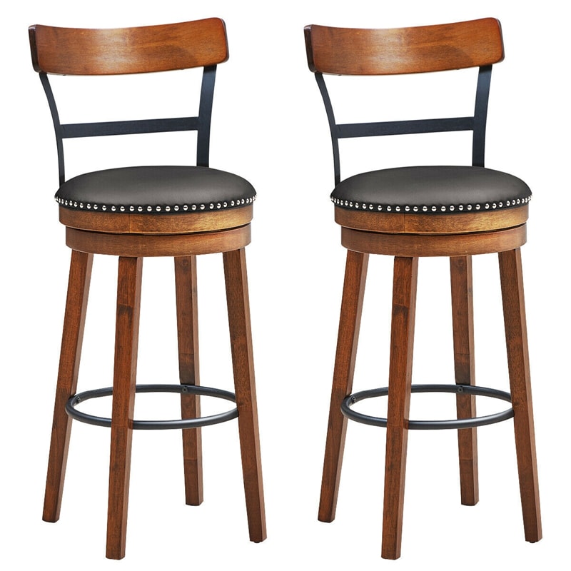 Bar Stools Set of 2, 30.5" Swivel Stools Counter Height Dining Chairs with Leather Padded Seat, Ladder Back, Solid Rubber Wood Legs for Kitchen Island