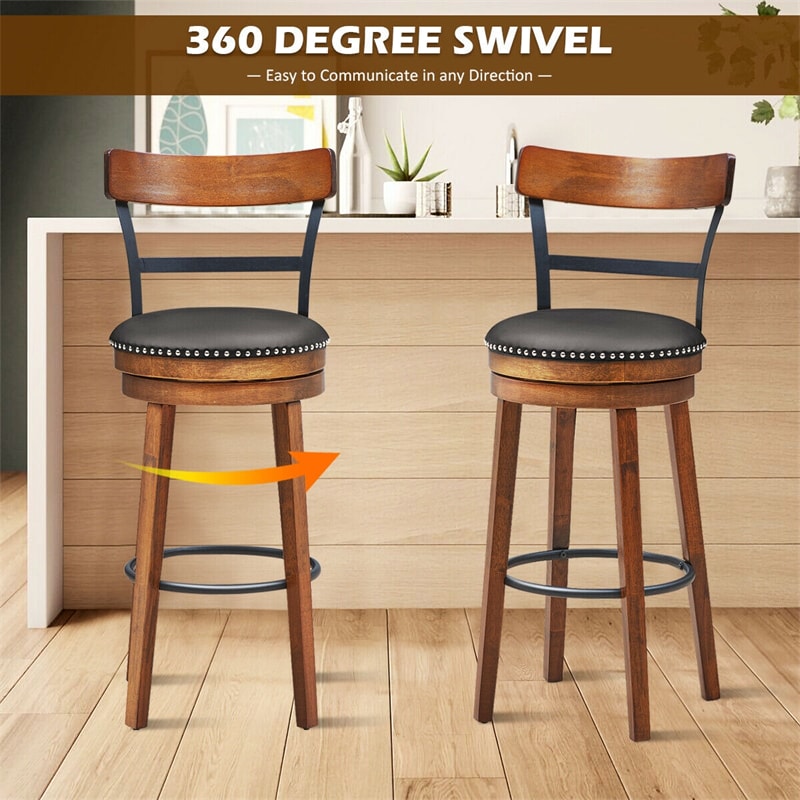 Bar Stools Set of 2, 30.5" Swivel Stools Counter Height Dining Chairs with Leather Padded Seat, Ladder Back, Solid Rubber Wood Legs for Kitchen Island