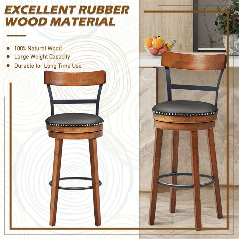 Bar Stools Set of 2, 30.5" Swivel Stools Counter Height Dining Chairs with Leather Padded Seat, Ladder Back, Solid Rubber Wood Legs for Kitchen Island