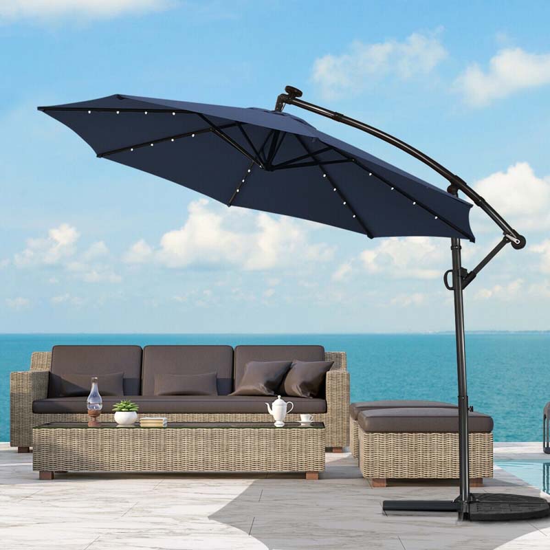 10FT Offset Patio Umbrella Solar Powered LED Outdoor Market Umbrella 360 Degree Rotation with Crank Handle & Cross Base