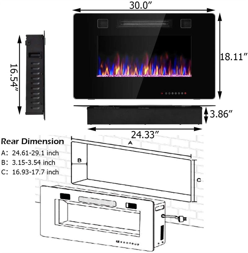 30" Recessed Electric Fireplace, Ultra Thin Wall-Mounted Fireplace Heater with Multicolor Flame, Remote Control, Touch Screen, 8H Timer, 750W/1500W