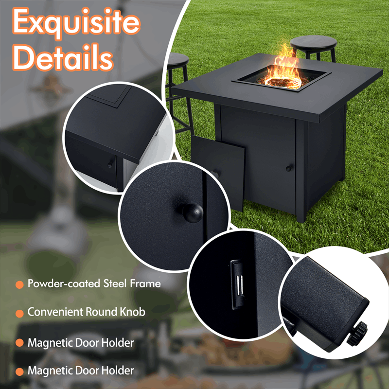 32" Propane Fire Pit Table 40000 BTU Square Gas Firepit Table with Lid and Fire Glass