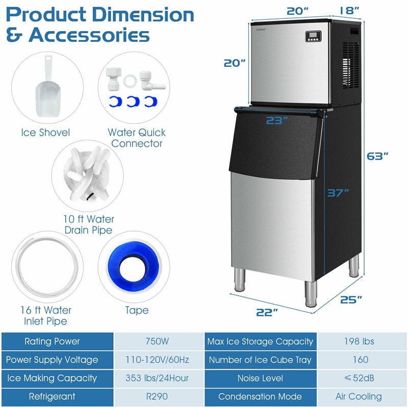 353LBS/24H Split Commercial Ice Maker 23" Freestanding Industrial Ice Machine Full-Automatic Modular Ice Maker with 198 LBS Storage Bin