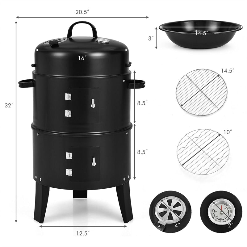 3 In 1 Portable Round Charcoal Smoker 2-Layer Outdoor BBQ Smoker Grill Built-in Thermometer