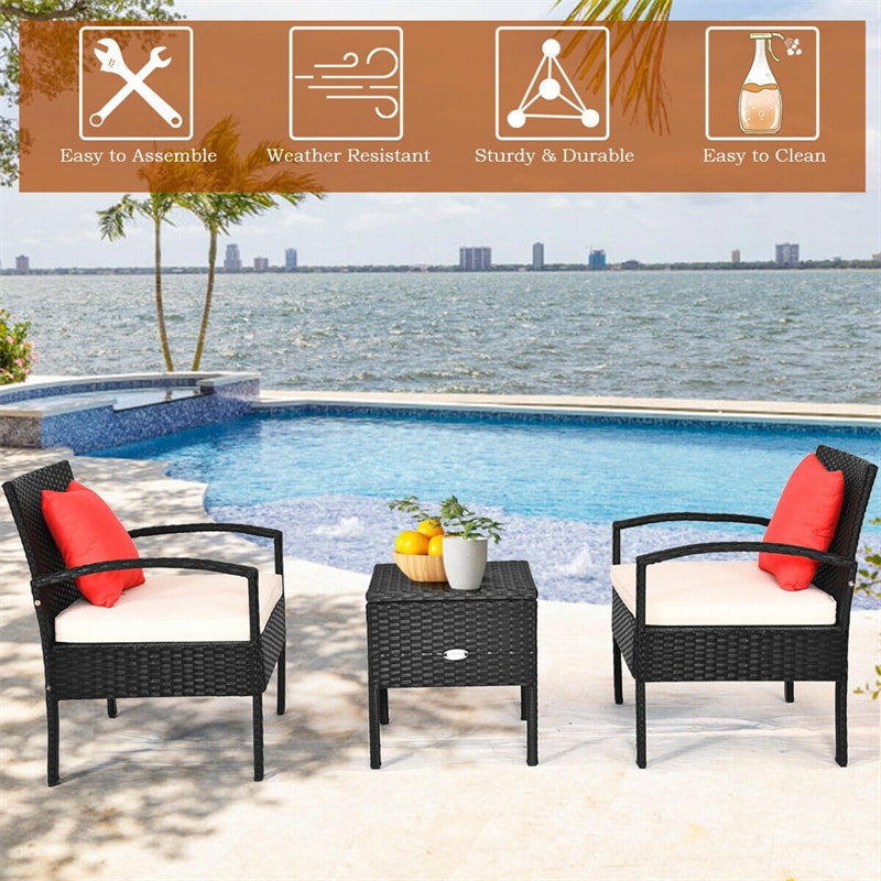 3PCS Rattan Patio Furniture Set Outdoor Bistro Set with Cushions & Storage Table, Wicker Sofa Chair Conversation Set for Balcony Porch