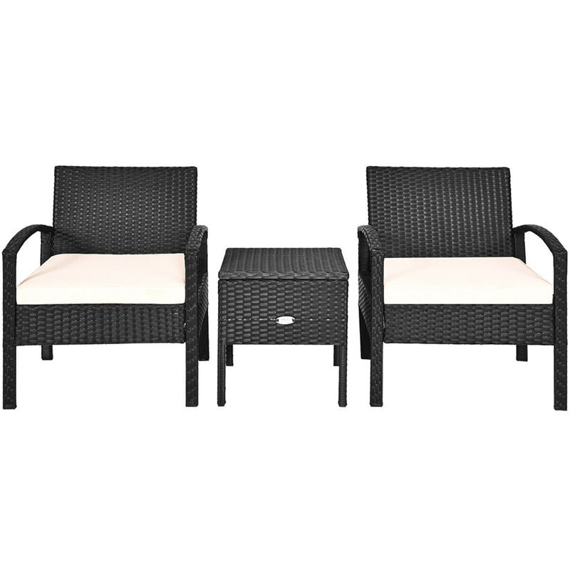 3PCS Rattan Patio Furniture Set Outdoor Bistro Set with Cushions & Storage Table, Wicker Sofa Chair Conversation Set for Balcony Porch