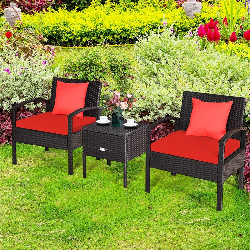 3PCS Rattan Patio Furniture Set Outdoor Bistro Set with Cushions & Storage Table, Wicker Sofa Chair Conversation Set for Balcony Porch