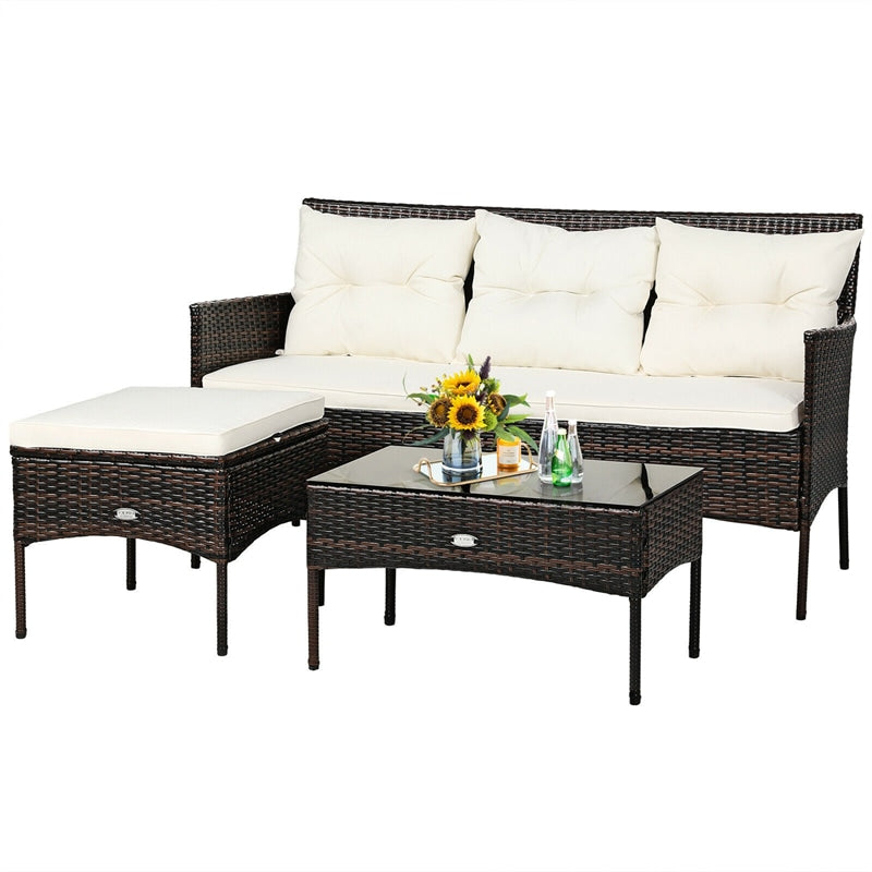 3PCS Patio Rattan Furniture Set Wicker Conversation Set Outdoor 3-Seat Sofa Seating Group with Tempered Glass Table, Seat & Back Cushions