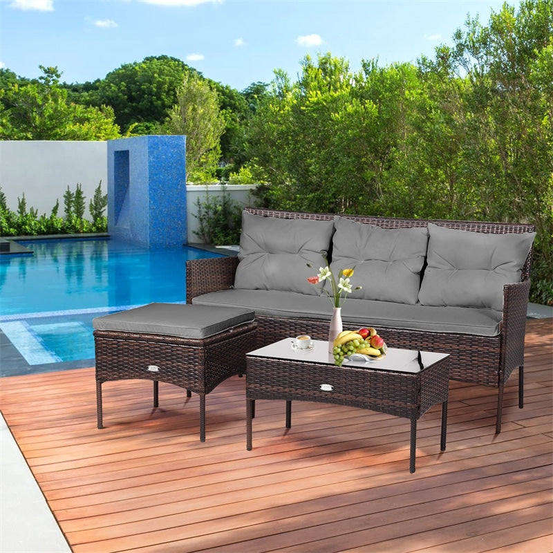 3PCS Patio Rattan Furniture Set Wicker Conversation Set Outdoor 3-Seat Sofa Seating Group with Tempered Glass Table, Seat & Back Cushions