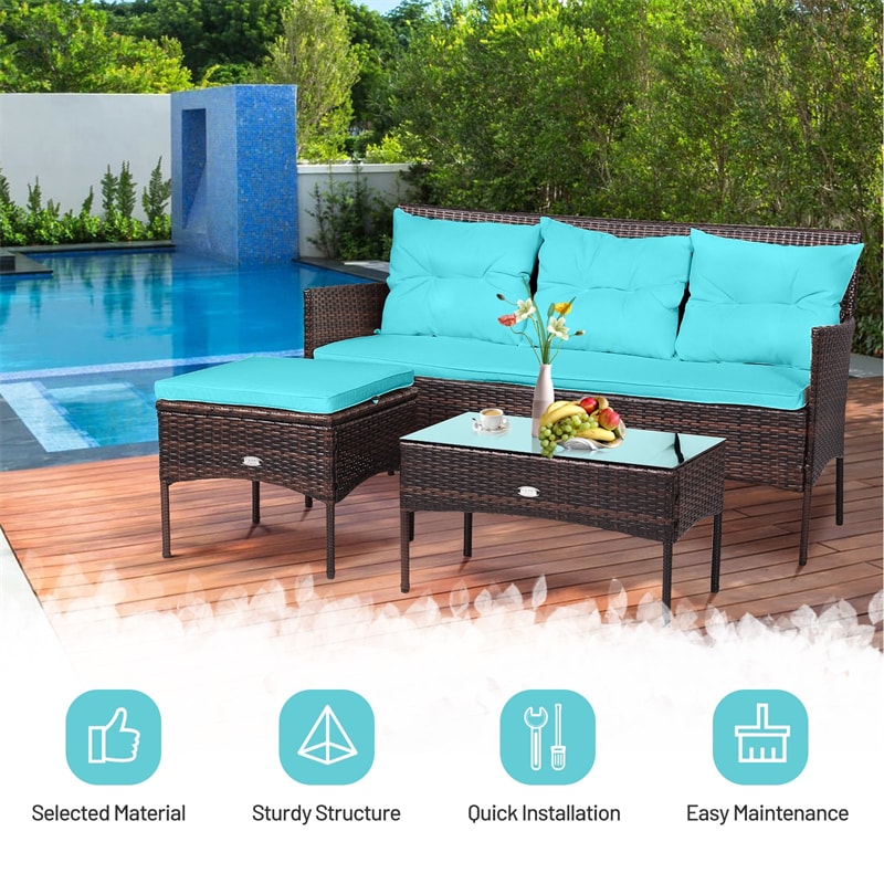 3PCS Patio Rattan Furniture Set Wicker Conversation Set Outdoor 3-Seat Sofa Seating Group with Tempered Glass Table, Seat & Back Cushions