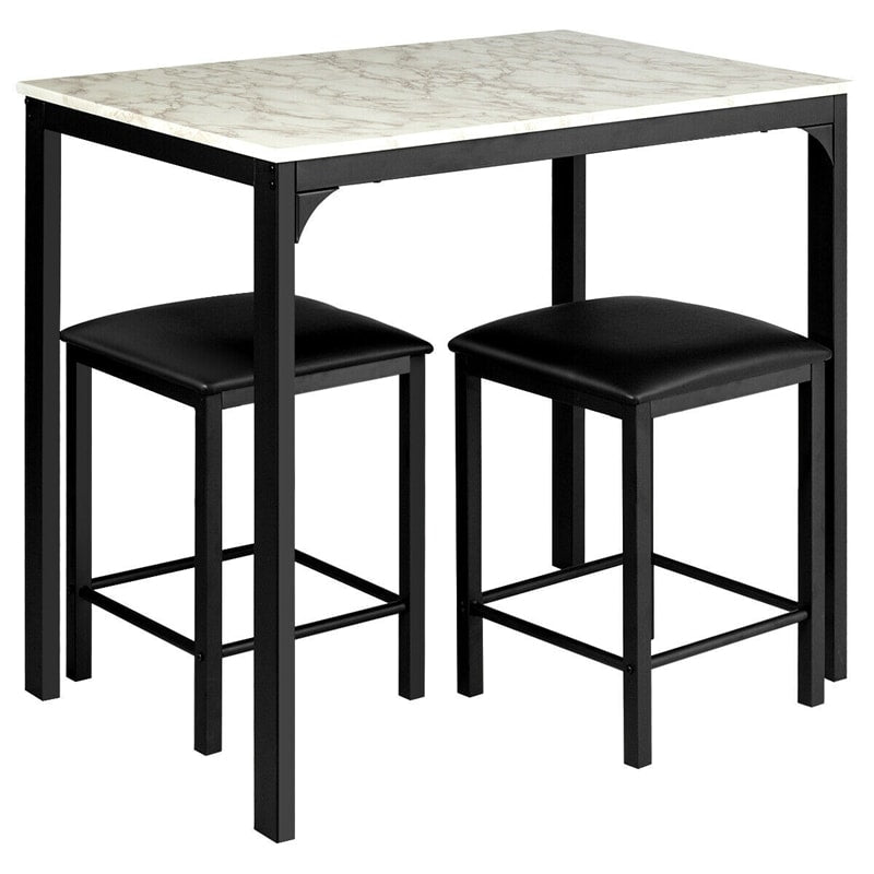 3 Pcs Counter Height Dining Set with Faux Marble Top Table & Cushioned Stools