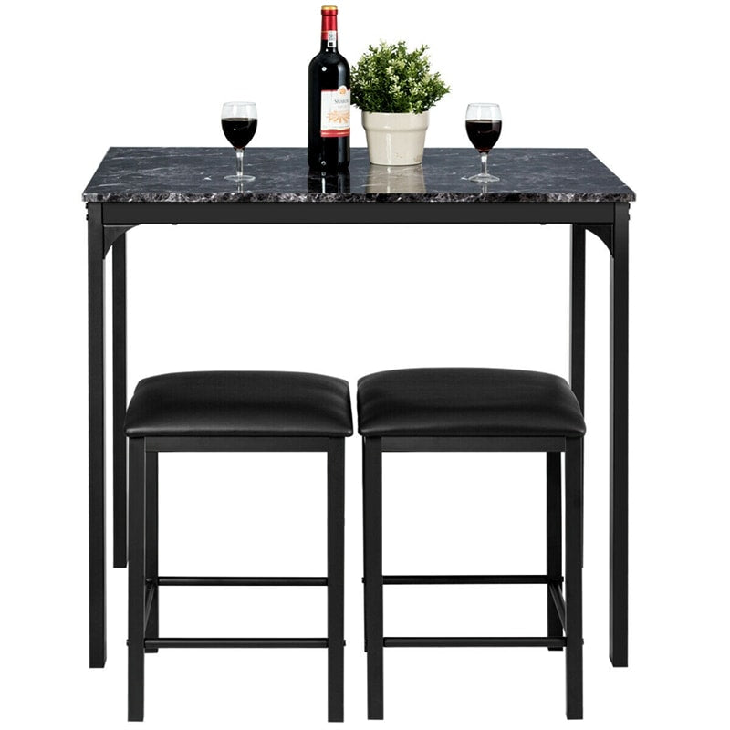 3 Pcs Counter Height Dining Set with Faux Marble Top Table & Cushioned Stools