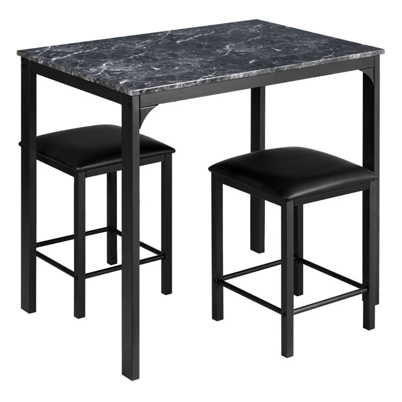 3 Pcs Counter Height Dining Set with Faux Marble Top Table & Cushioned Stools