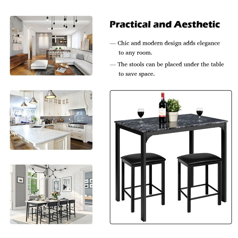 3 Pcs Counter Height Dining Set with Faux Marble Top Table & Cushioned Stools