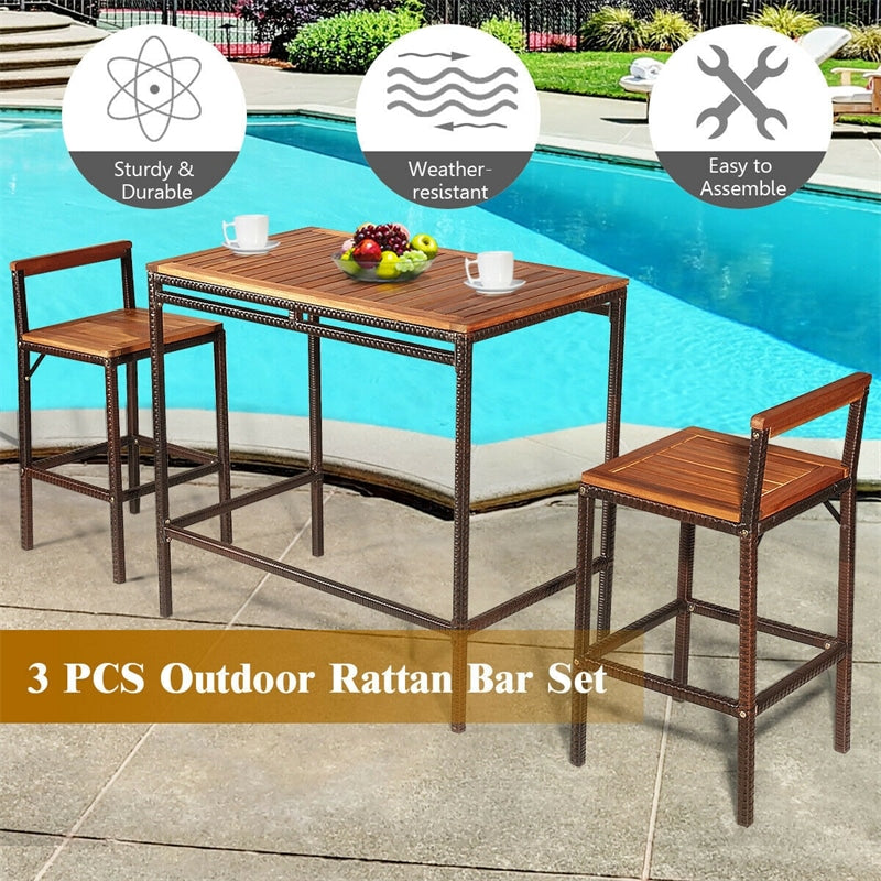 3 Pcs Rattan Outdoor Bar Height Bistro Set Acacia Wood Patio Dining Table Set with 2 Bar Stools