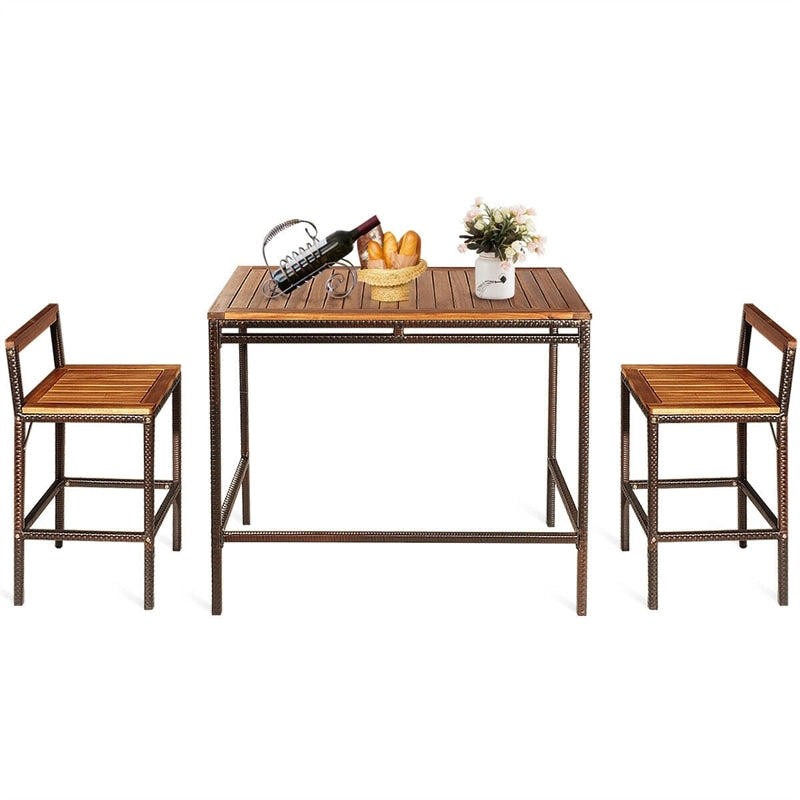 3 Pcs Rattan Outdoor Bar Height Bistro Set Acacia Wood Patio Dining Table Set with 2 Bar Stools