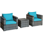 3 Piece Patio Rattan Conversation Set Wicker Bistro Set with Washable Cushions & Tempered Glass Top Table