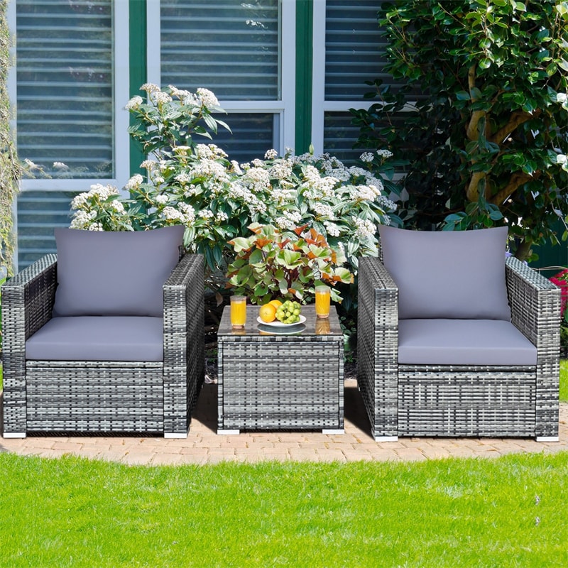 3 Piece Patio Rattan Conversation Set Wicker Bistro Set with Washable Cushions & Tempered Glass Top Table