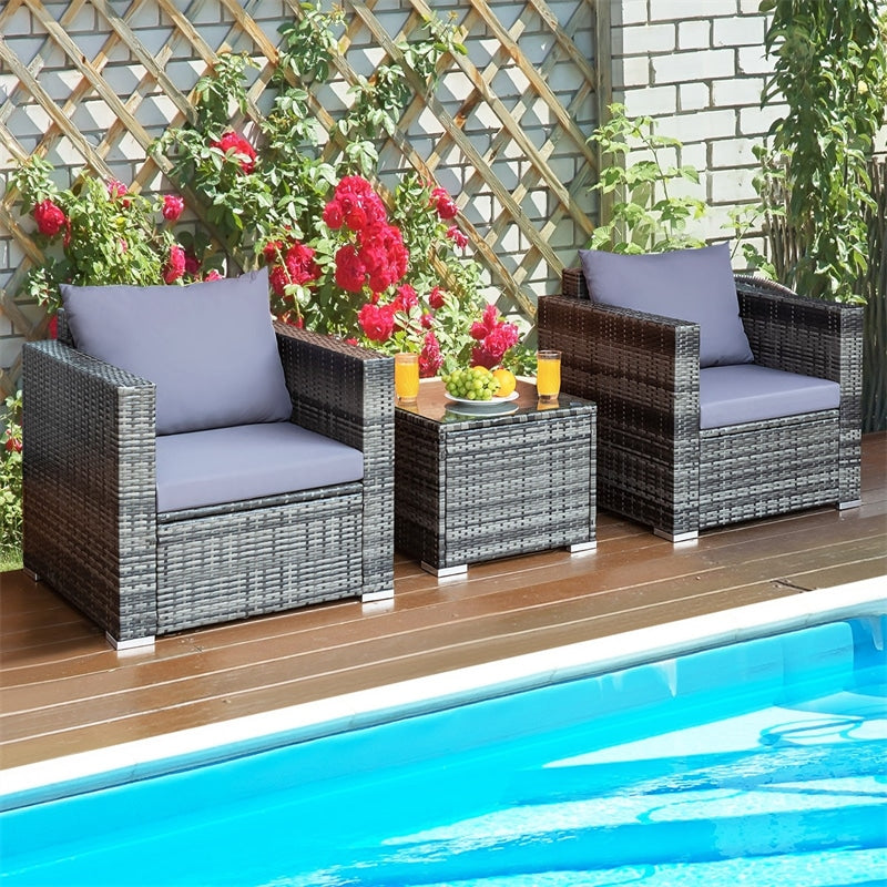 3 Piece Patio Rattan Conversation Set Wicker Bistro Set with Washable Cushions & Tempered Glass Top Table