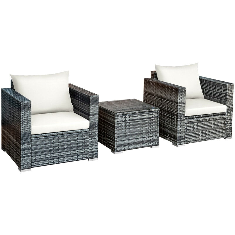 3 Piece Patio Rattan Conversation Set Wicker Bistro Set with Washable Cushions & Tempered Glass Top Table