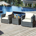 3 Piece Patio Rattan Conversation Set Wicker Bistro Set with Washable Cushions & Tempered Glass Top Table