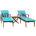 3PCS Outdoor Chaise Lounge Set with Rattan Folding Table, Acacia Wood Frame Patio Lounge Chairs w/ Adjustable Backrests, Armrests, Cushions