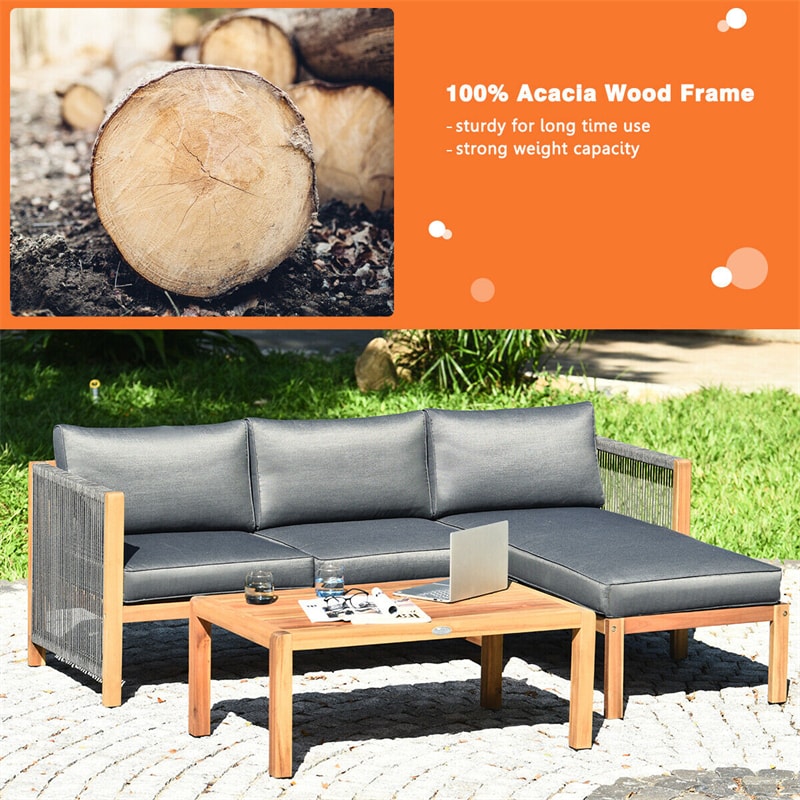 3 Piece Acacia Wood Patio Sofa Set L-Shape Outdoor Furniture Set Garden Conversation Set with 2 Loveseats, Coffee Table, Back & Seat Cushions