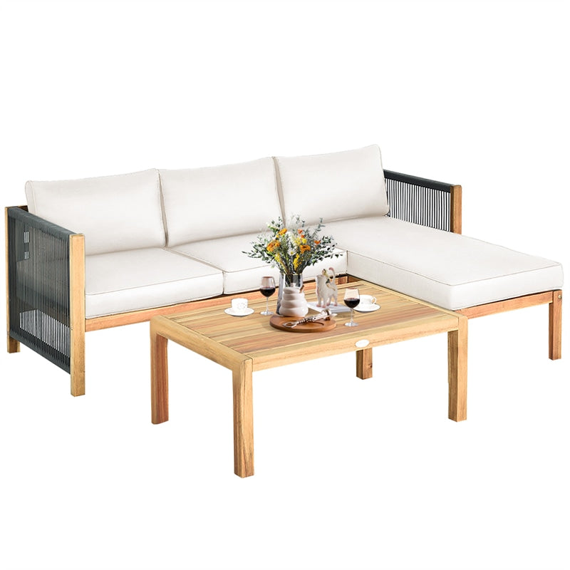 3 Piece Acacia Wood Patio Sofa Set L-Shape Outdoor Furniture Set Garden Conversation Set with 2 Loveseats, Coffee Table, Back & Seat Cushions