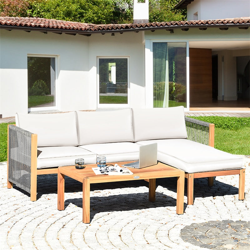 3 Piece Acacia Wood Patio Sofa Set L-Shape Outdoor Furniture Set Garden Conversation Set with 2 Loveseats, Coffee Table, Back & Seat Cushions