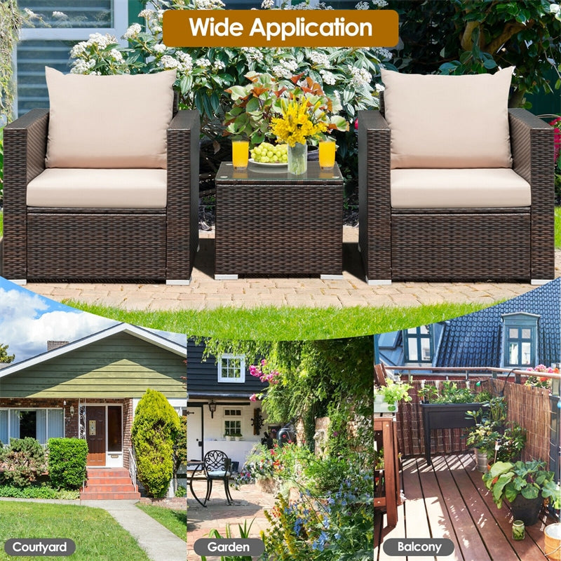 3 Piece PE Rattan Wicker Patio Conversation Sofa Set for Garden Poolside Balcony