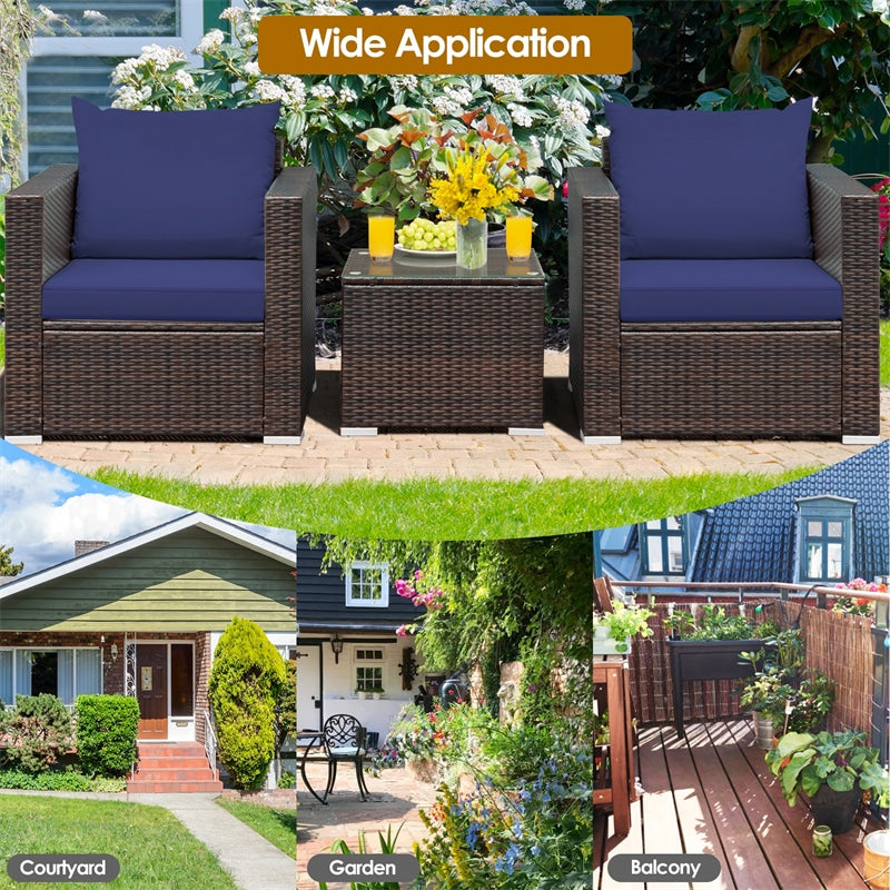 3 Piece PE Rattan Wicker Patio Conversation Sofa Set for Garden Poolside Balcony