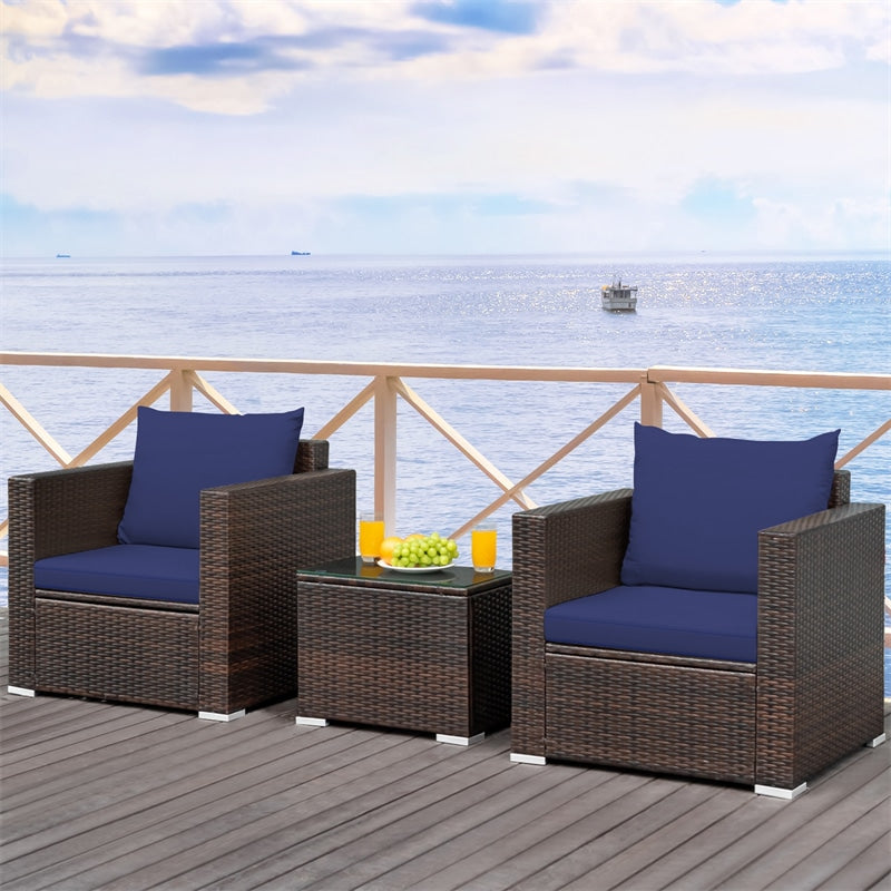 3 Piece PE Rattan Wicker Patio Conversation Sofa Set for Garden Poolside Balcony