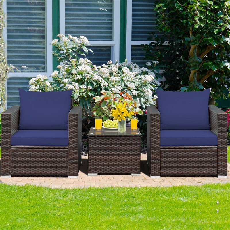 3 Piece PE Rattan Wicker Patio Conversation Sofa Set for Garden Poolside Balcony