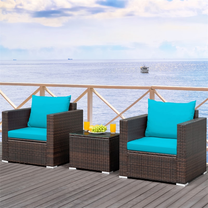 3 Piece PE Rattan Wicker Patio Conversation Sofa Set for Garden Poolside Balcony