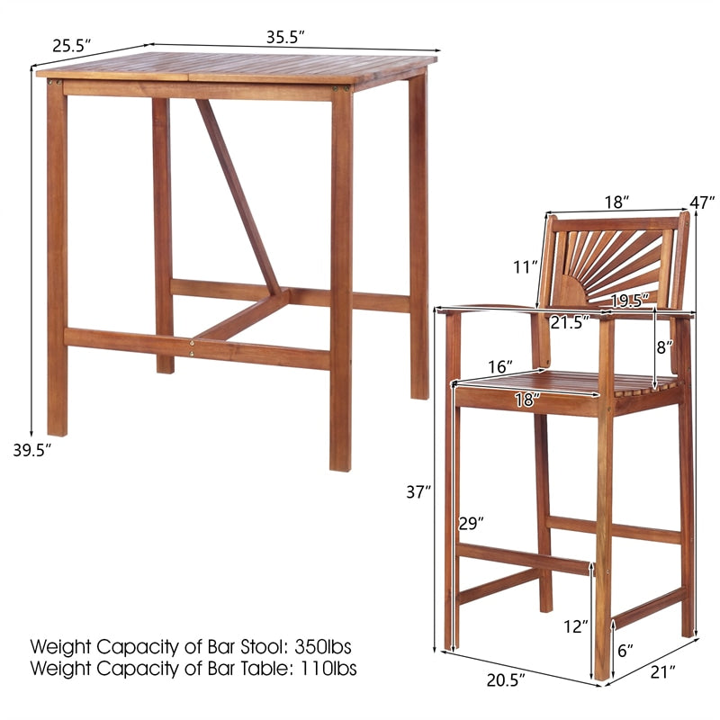 Bestoutdor 3 Piece Acacia Wood Bar Height Bistro Set Patio Bar Dining Set with 2 Bar Stools