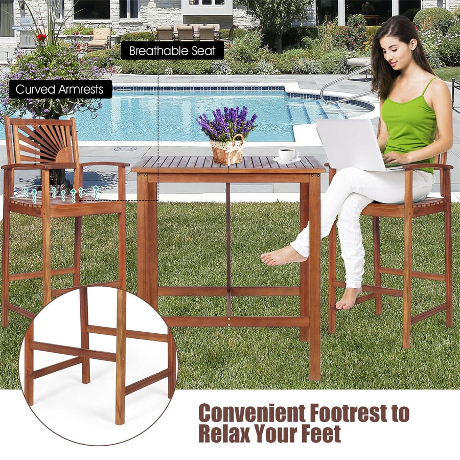 Bestoutdor 3 Piece Acacia Wood Bar Height Bistro Set Patio Bar Dining Set with 2 Bar Stools