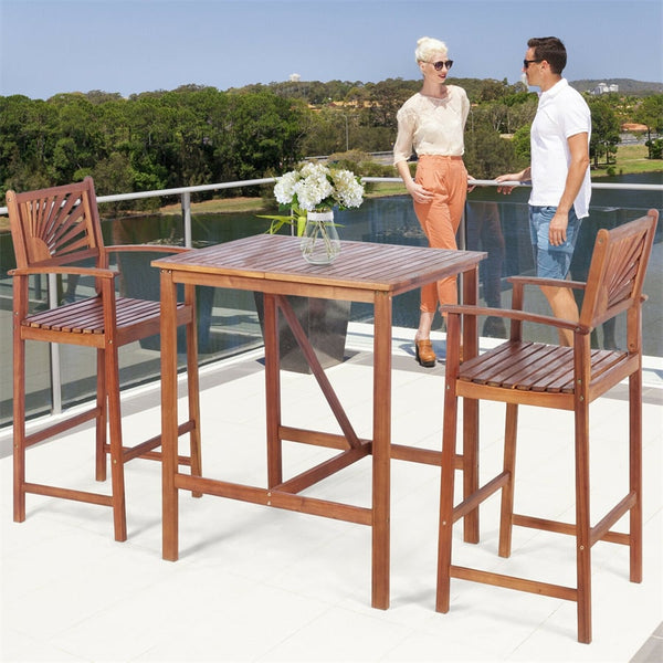 Bestoutdor 3 Piece Acacia Wood Bar Height Bistro Set Patio Bar Dining Set with 2 Bar Stools