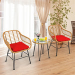 3 Piece Rattan Patio Bistro Set Wicker Conversation Set with Glass Coffee Table & Cushioned Armchairs