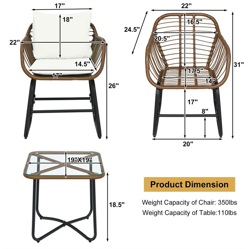 3 Piece Patio Rattan Bistro Set with Cushioned Armchairs & Tempered Glass Top Table, Wicker Outdoor Furniture Set for Garden Deck Poolside