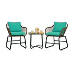 3 Piece Patio Rattan Bistro Set with Cushioned Armchairs & Tempered Glass Top Table, Wicker Outdoor Furniture Set for Garden Deck Poolside