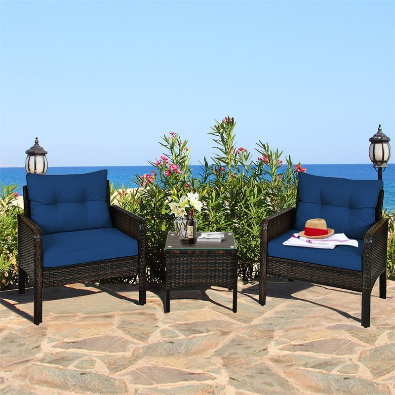 3 Piece Rattan Patio Furniture Set Outdoor Conversation Set Wicker Chairs with Cushions & Glass Top Coffee Table for Garden Lawn Yard