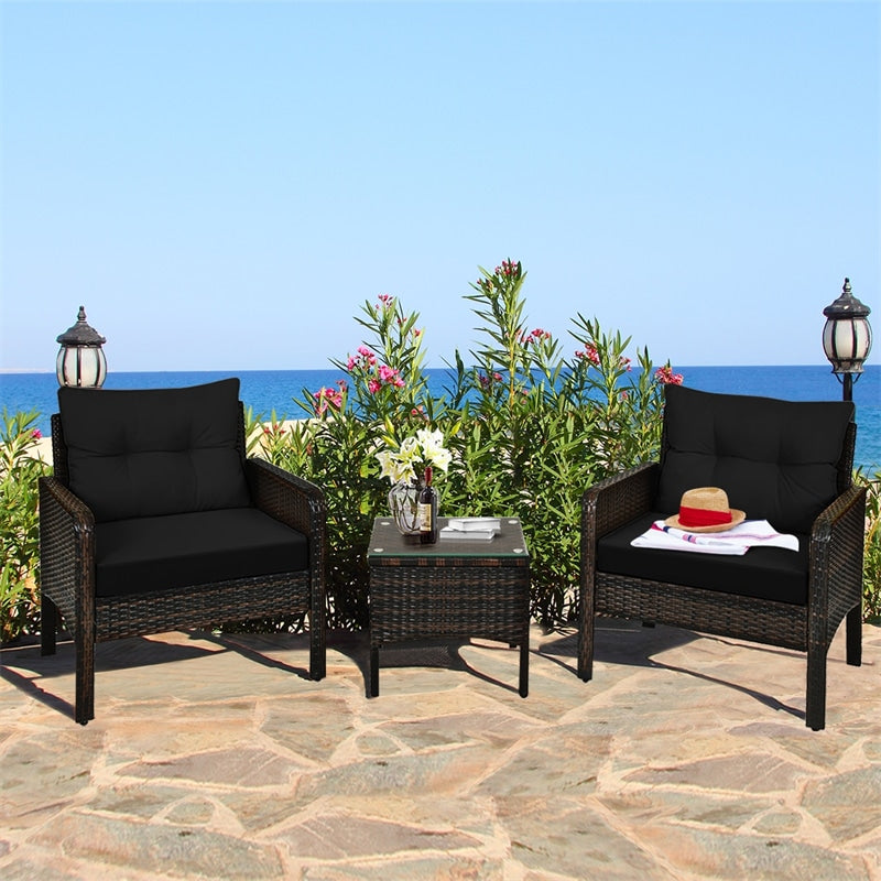 3 Piece Rattan Patio Furniture Set Outdoor Conversation Set Wicker Chairs with Cushions & Glass Top Coffee Table for Garden Lawn Yard