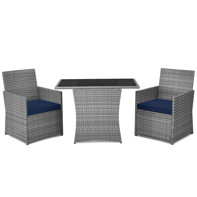 3 Piece Outdoor Wicker Bistro Set Space-Saving PE Rattan Patio Dining Set with Cushioned Chairs, Tempered Glass Top Table for Garden Balcony