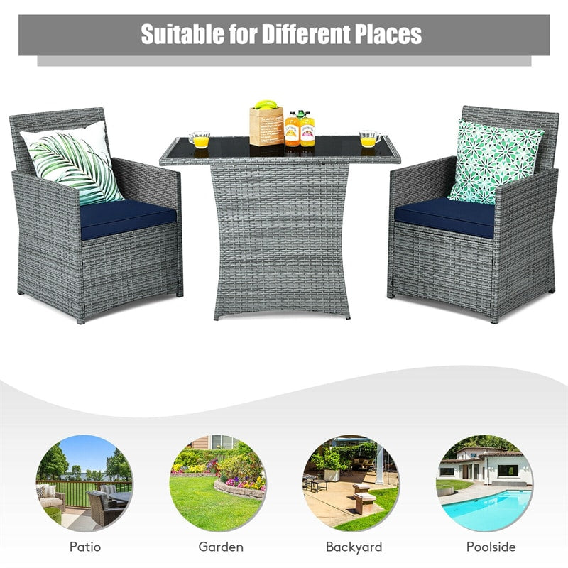 3 Piece Outdoor Wicker Bistro Set Space-Saving PE Rattan Patio Dining Set with Cushioned Chairs, Tempered Glass Top Table for Garden Balcony