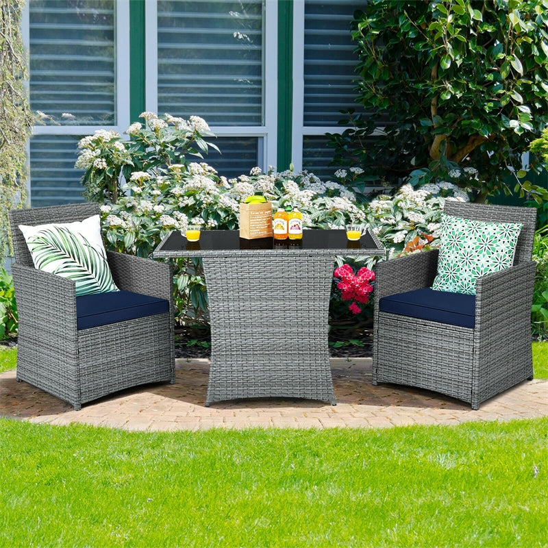 3 Piece Outdoor Wicker Bistro Set Space-Saving PE Rattan Patio Dining Set with Cushioned Chairs, Tempered Glass Top Table for Garden Balcony