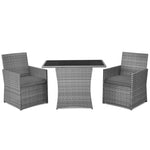 3 Piece Outdoor Wicker Bistro Set Space-Saving PE Rattan Patio Dining Set with Cushioned Chairs, Tempered Glass Top Table for Garden Balcony