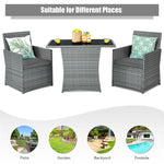 3 Piece Outdoor Wicker Bistro Set Space-Saving PE Rattan Patio Dining Set with Cushioned Chairs, Tempered Glass Top Table for Garden Balcony