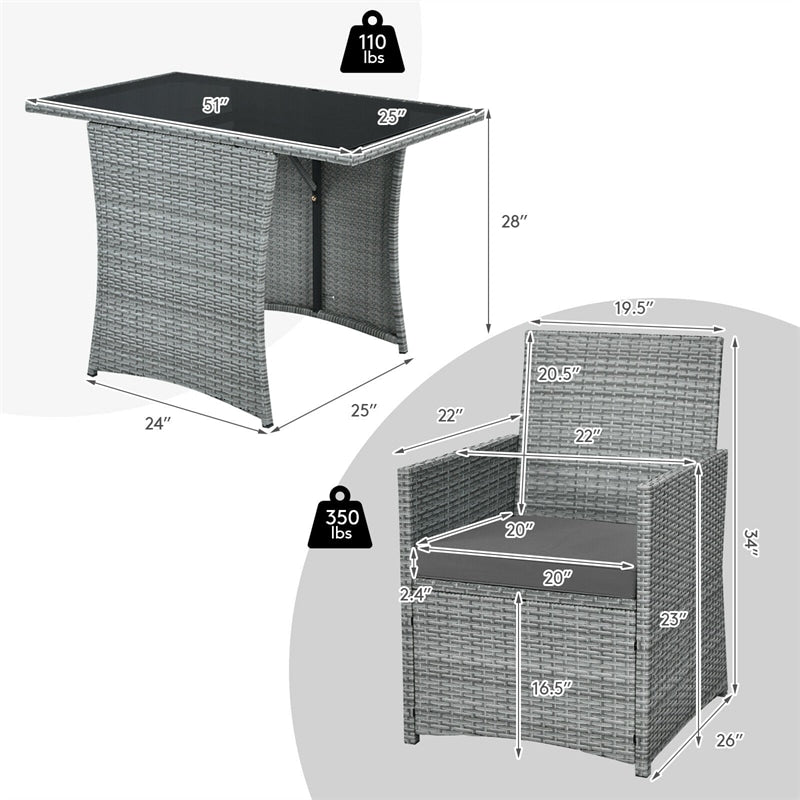 3 Piece Outdoor Wicker Bistro Set Space-Saving PE Rattan Patio Dining Set with Cushioned Chairs, Tempered Glass Top Table for Garden Balcony