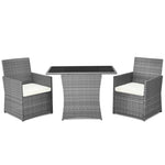 3 Piece Outdoor Wicker Bistro Set Space-Saving PE Rattan Patio Dining Set with Cushioned Chairs, Tempered Glass Top Table for Garden Balcony